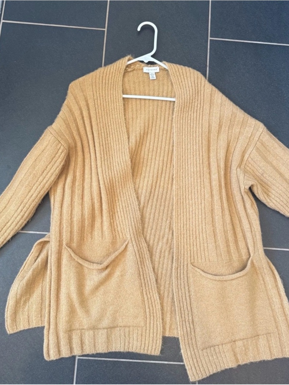 Topshop Ribbed Open Front Cardigan Camel Tan XS Longline Sweater Pockets